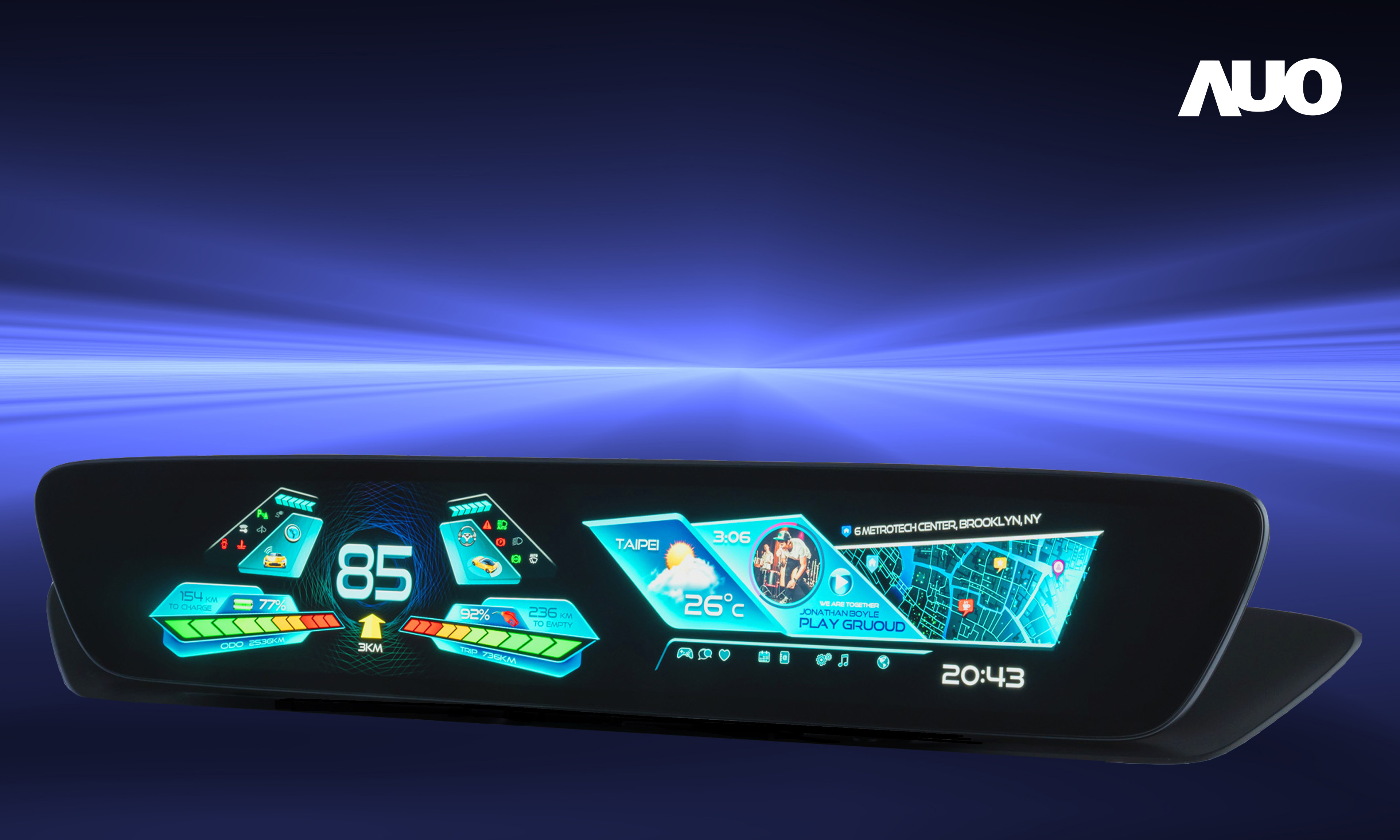 友達30.4吋異形曲面AmLED車載顯示系統，為一兼具儀表板及中控台人機介面的創新車載顯示系統，結合美學設計，提升車內科技沉浸感及使用體驗，讓車載顯示的未來應用更加多元化