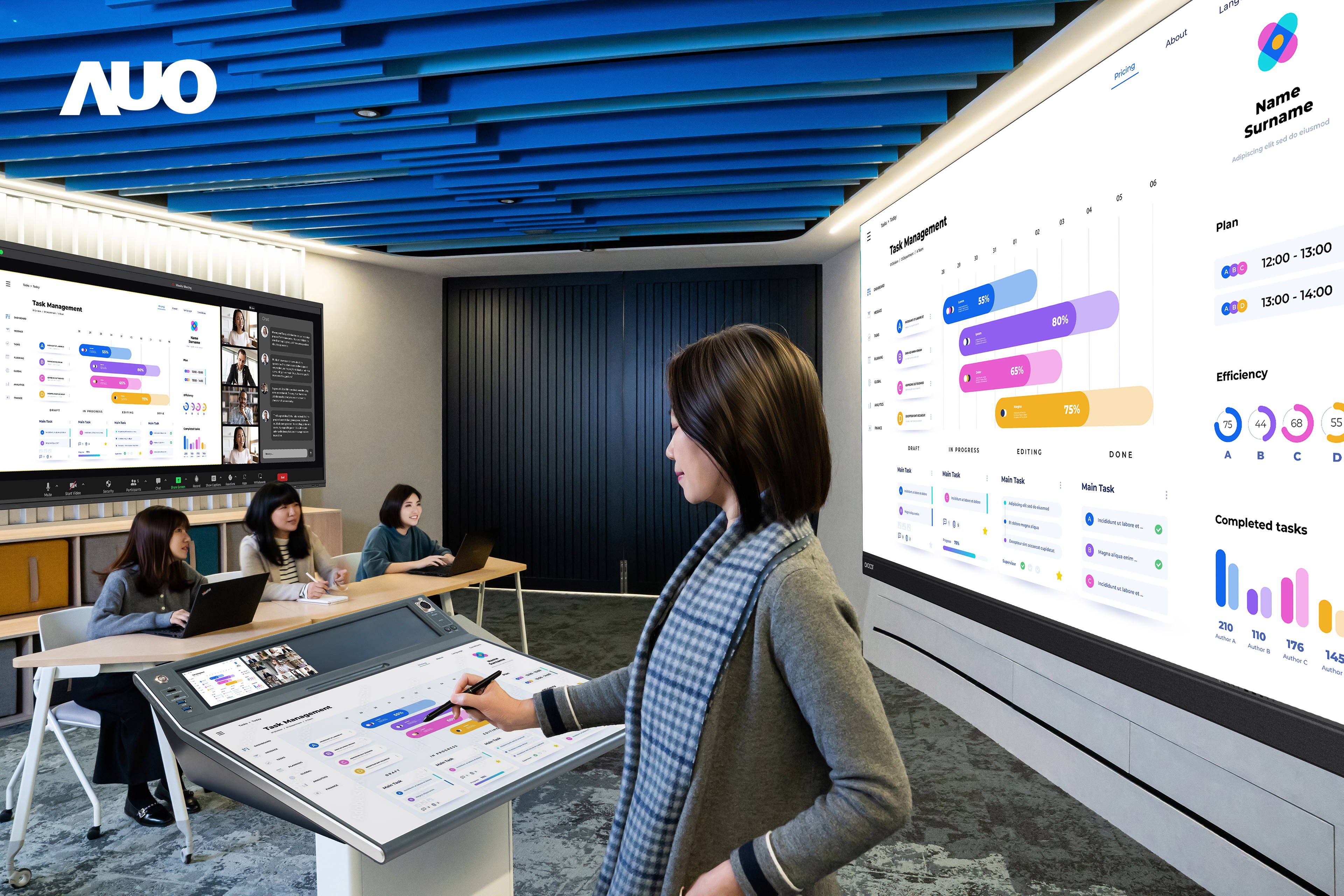 达擎携手Avocor与Rise Vision展示全方位商务领域应用，包含采用模块化设计的138吋一体式All-in-One LED显示器及具21:9超宽比例的92吋交互式电子白板（IFPD），讲者可轻松分享内容，有效提升会议协作效率。